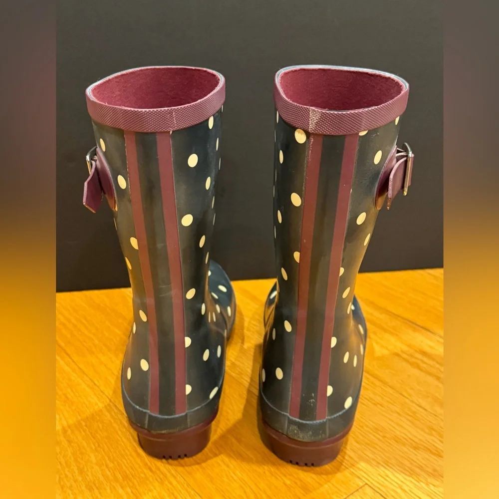 Joules Molly Welly Mid Calf Navy Rain Boots White Polka Dot Burgundy Trim Size 8 - Picture 7 of 16